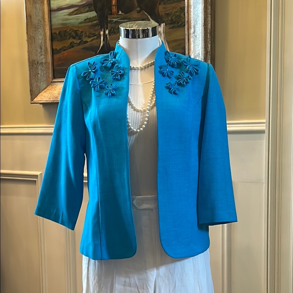 Vintage K Petite Collection Sz 12P Teal Blue Open Front Women's Jacket GVC